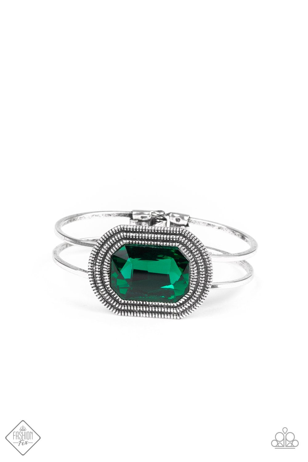 Heirloom Highness Emerald Green Hinged Cuff Bracelet - Paparazzi Accessories- lightbox - CarasShop.com - Paparazzi Jewelry by Cara Jewels