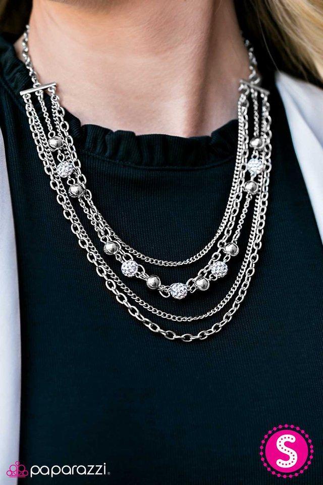 Hell on HEELS White Rhinestone and Silver Necklace - Paparazzi Accessories- lightbox - CarasShop.com - Paparazzi Jewelry by Cara Jewels