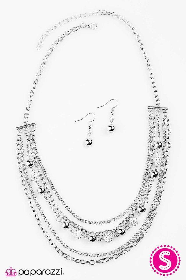 Hell on HEELS White Rhinestone and Silver Necklace - Paparazzi Accessories- on model - CarasShop.com - Paparazzi Jewelry by Cara Jewels