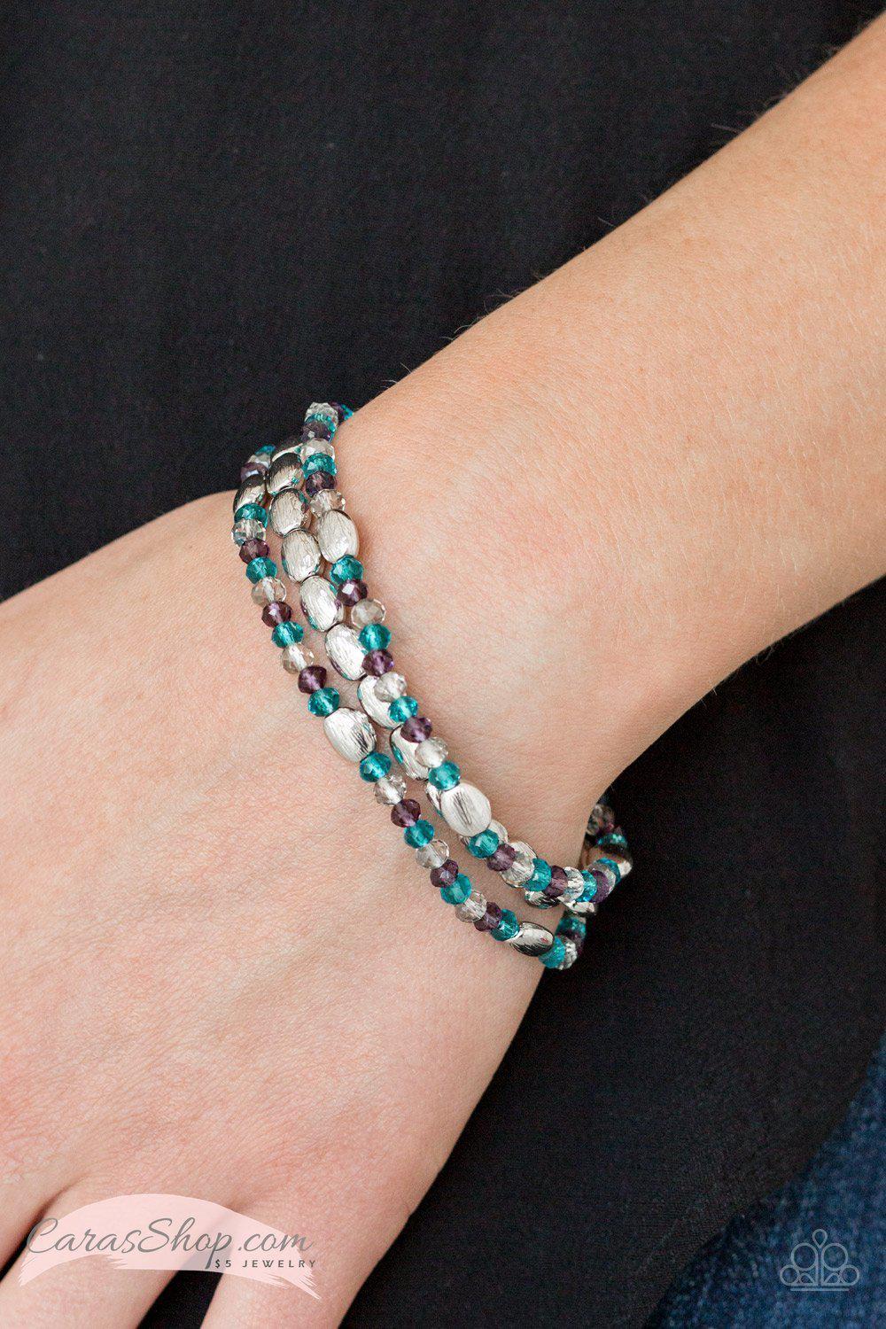 Hello Beautiful Multi Blue, White and Purple Stretch Bracelet Set - Paparazzi Accessories- on model - CarasShop.com - Paparazzi Jewelry by Cara Jewels