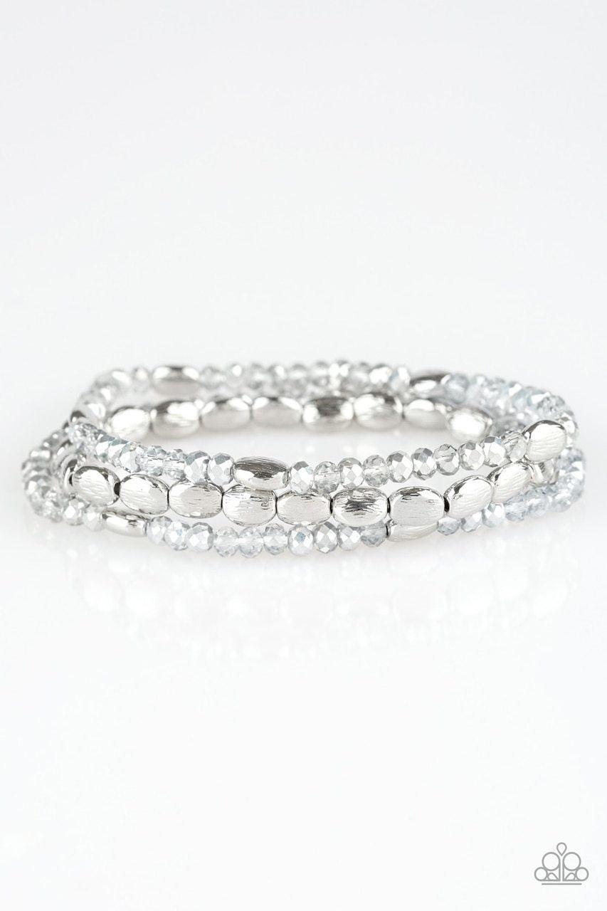 Hello Beautiful Silver Stretch Bracelet Set - Paparazzi Accessories- on model - CarasShop.com - Paparazzi Jewelry by Cara Jewels