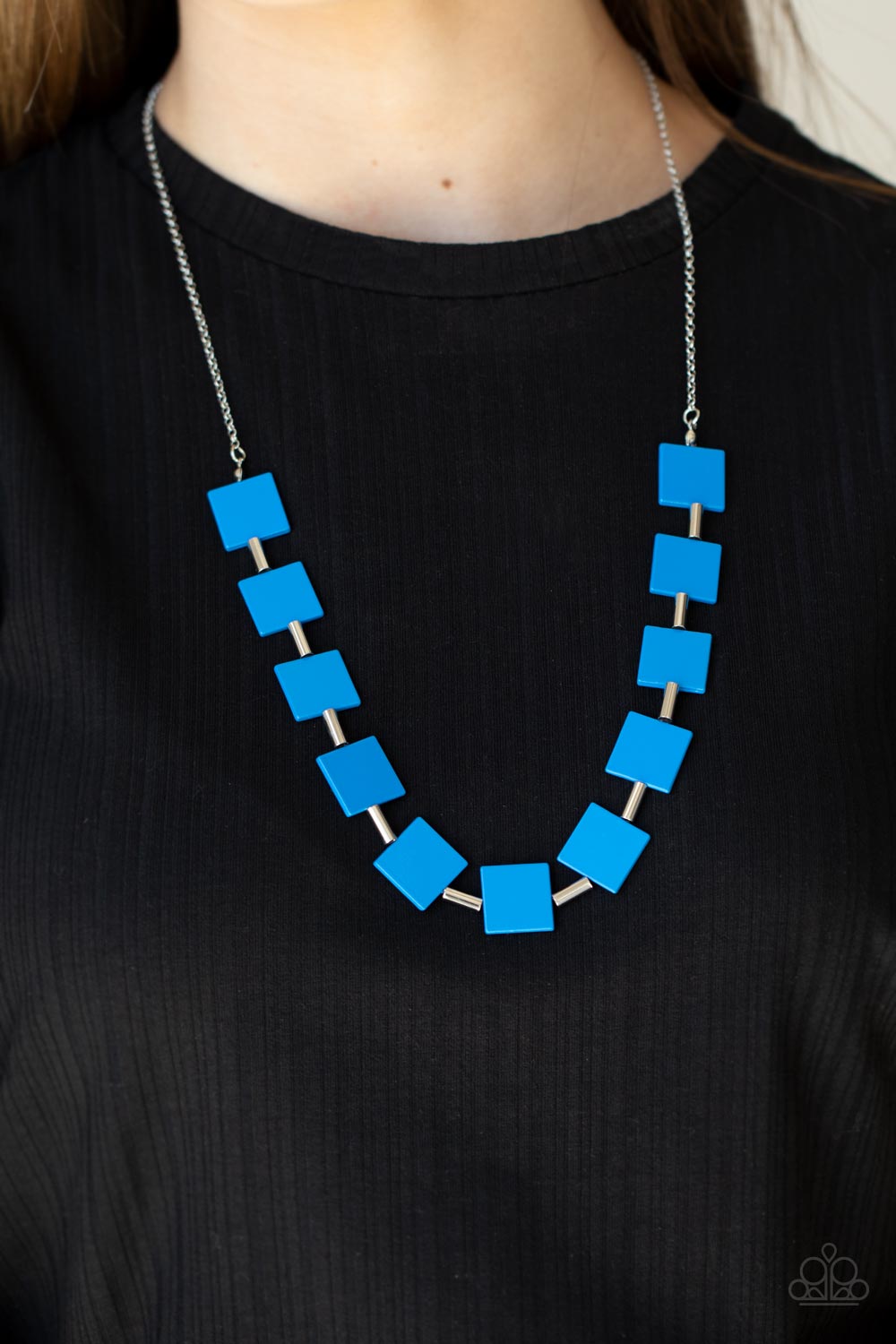 Hello, Material Girl Blue Necklace - Paparazzi Accessories- on model - CarasShop.com - Paparazzi Jewelry by Cara Jewels
