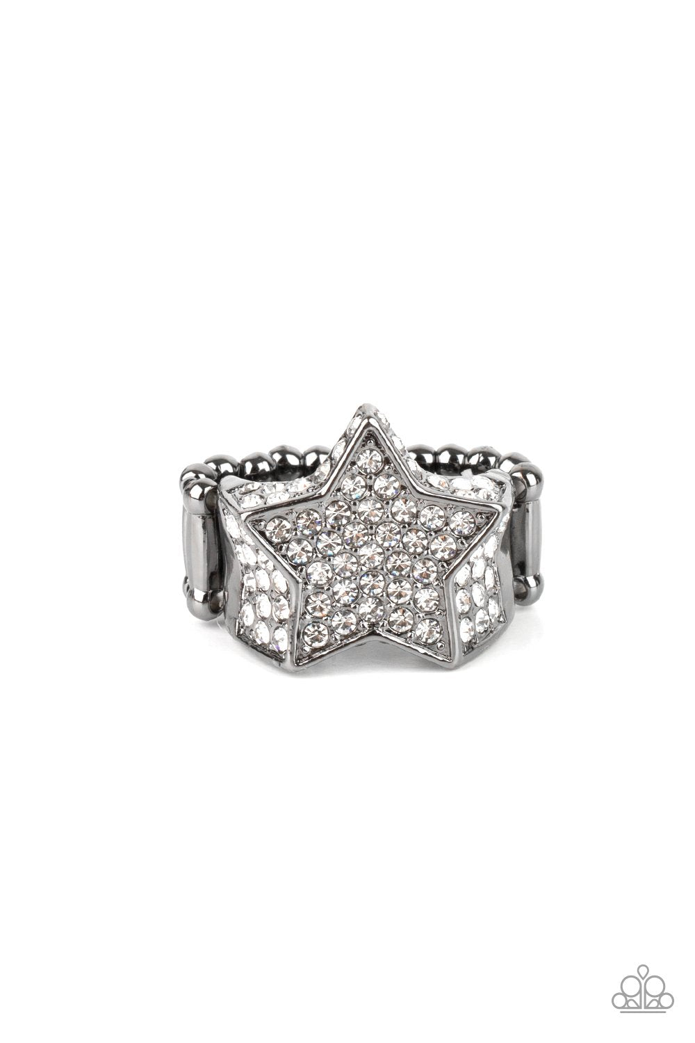 Here Come The Fireworks Gunmetal Black and White Rhinestone Star Ring - Paparazzi Accessories- lightbox - CarasShop.com - Paparazzi Jewelry by Cara Jewels