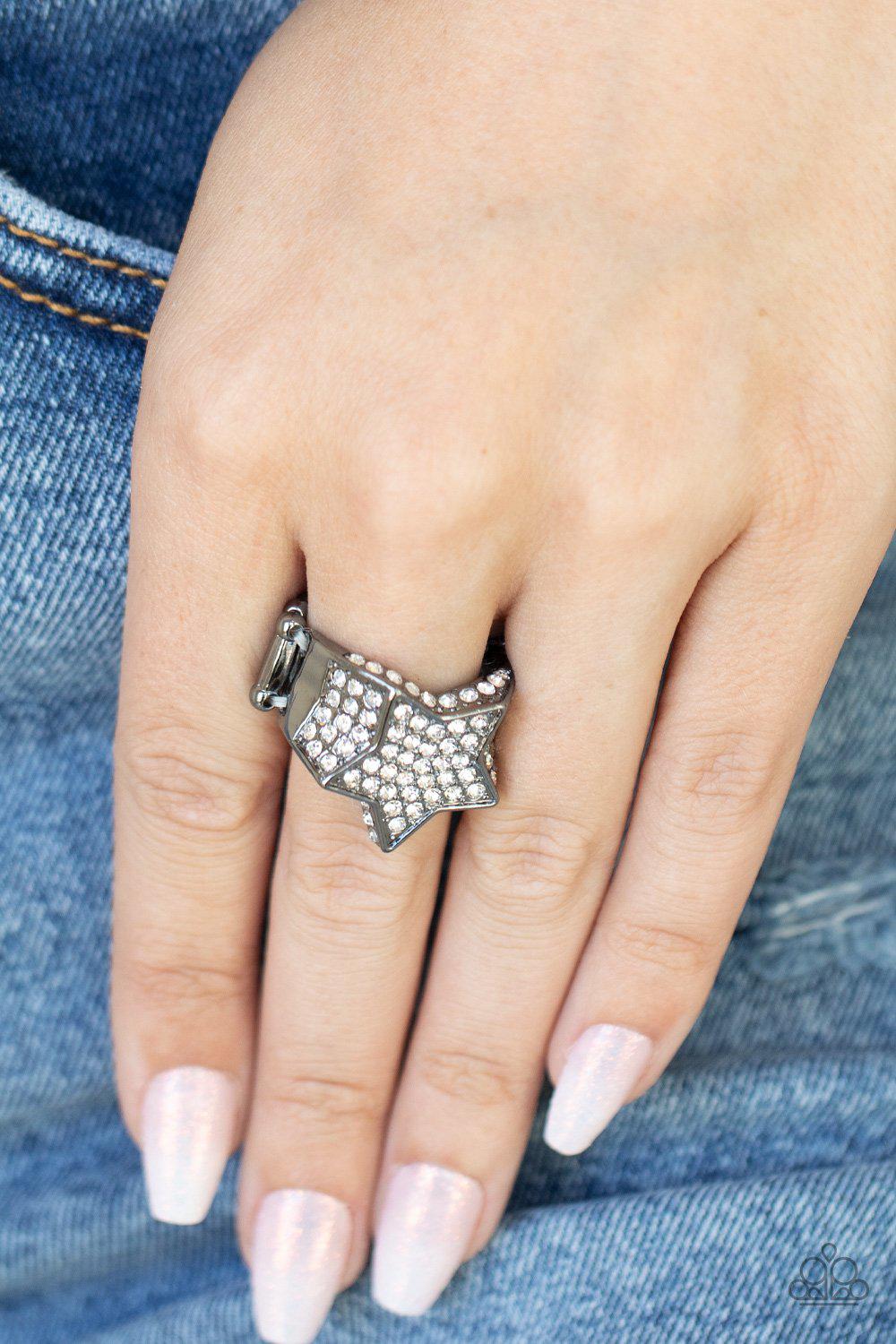 Here Come The Fireworks Gunmetal Black and White Rhinestone Star Ring - Paparazzi Accessories- lightbox - CarasShop.com - Paparazzi Jewelry by Cara Jewels