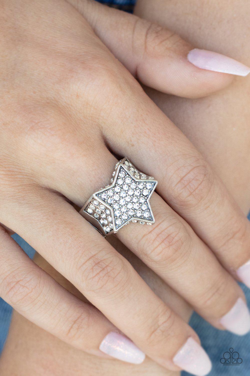 Here Come The Fireworks White Rhinestone Star Ring - Paparazzi Accessories- lightbox - CarasShop.com - Paparazzi Jewelry by Cara Jewels