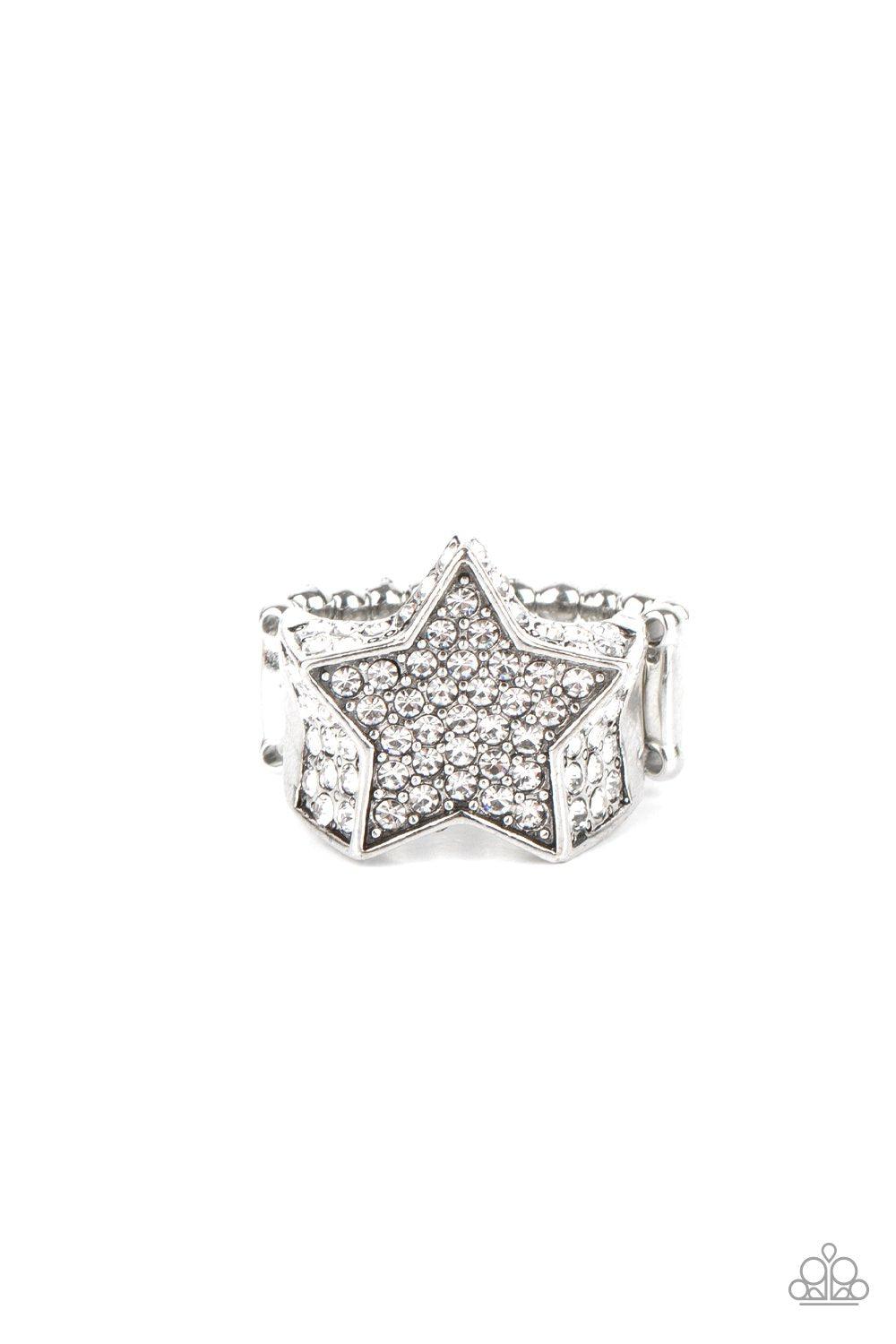 Here Come The Fireworks White Rhinestone Star Ring - Paparazzi Accessories- on model - CarasShop.com - Paparazzi Jewelry by Cara Jewels