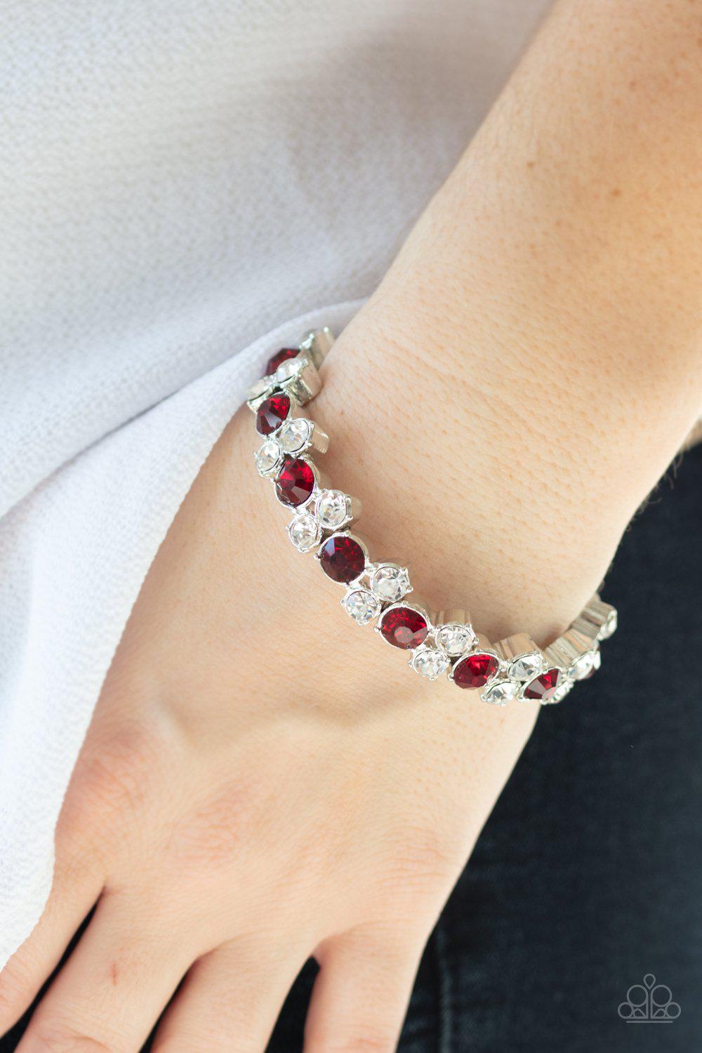 Here Comes The BRIBE Red and White Rhinestone Bracelet - Paparazzi Accessories- lightbox - CarasShop.com - Paparazzi Jewelry by Cara Jewels