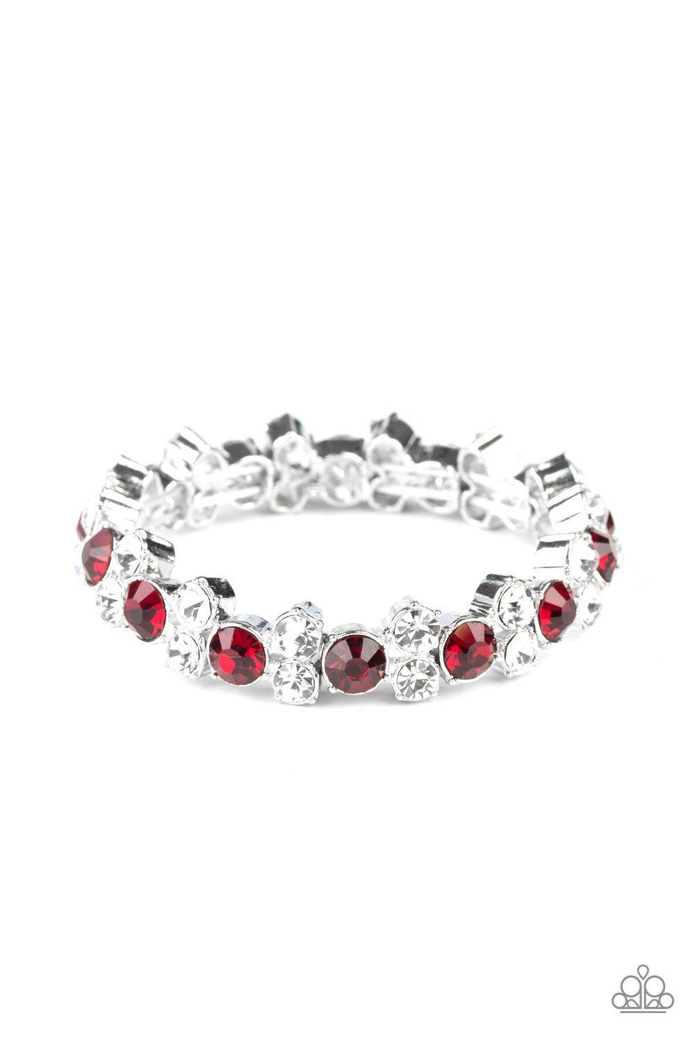 Here Comes The BRIBE Red and White Rhinestone Bracelet - Paparazzi Accessories- on model - CarasShop.com - Paparazzi Jewelry by Cara Jewels