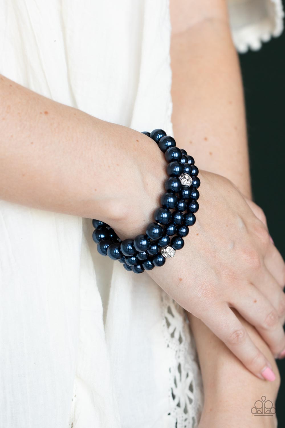 Here Comes The Heiress Blue Pearl Bracelet Set - Paparazzi Accessories- on model - CarasShop.com - Paparazzi Jewelry by Cara Jewels