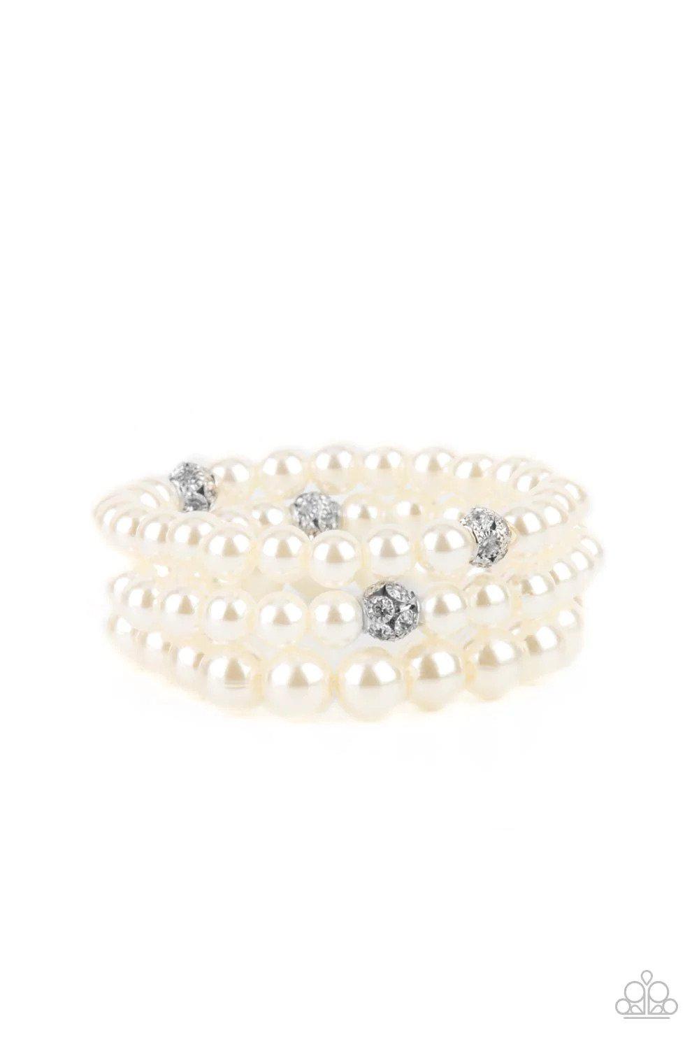 Here Comes The Heiress White Pearl & Rhinestone Bracelet - Paparazzi Accessories- lightbox - CarasShop.com - Paparazzi Jewelry by Cara Jewels