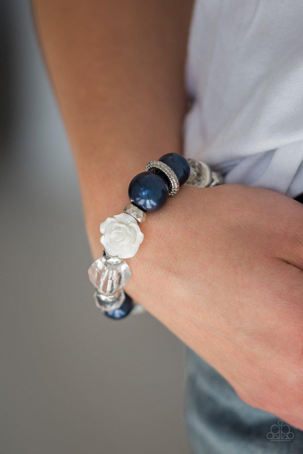 Here I Am Blue Pearl and White Rose Stretch Bracelet - Paparazzi Accessories- lightbox - CarasShop.com - Paparazzi Jewelry by Cara Jewels
