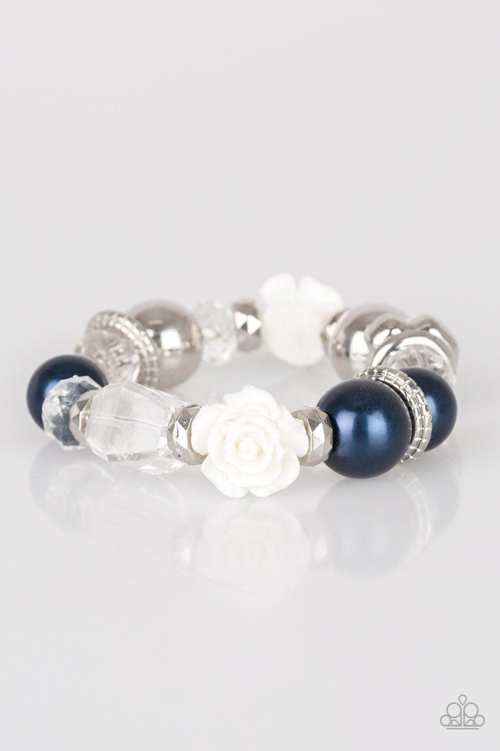 Here I Am Blue Pearl and White Rose Stretch Bracelet - Paparazzi Accessories- on model - CarasShop.com - Paparazzi Jewelry by Cara Jewels