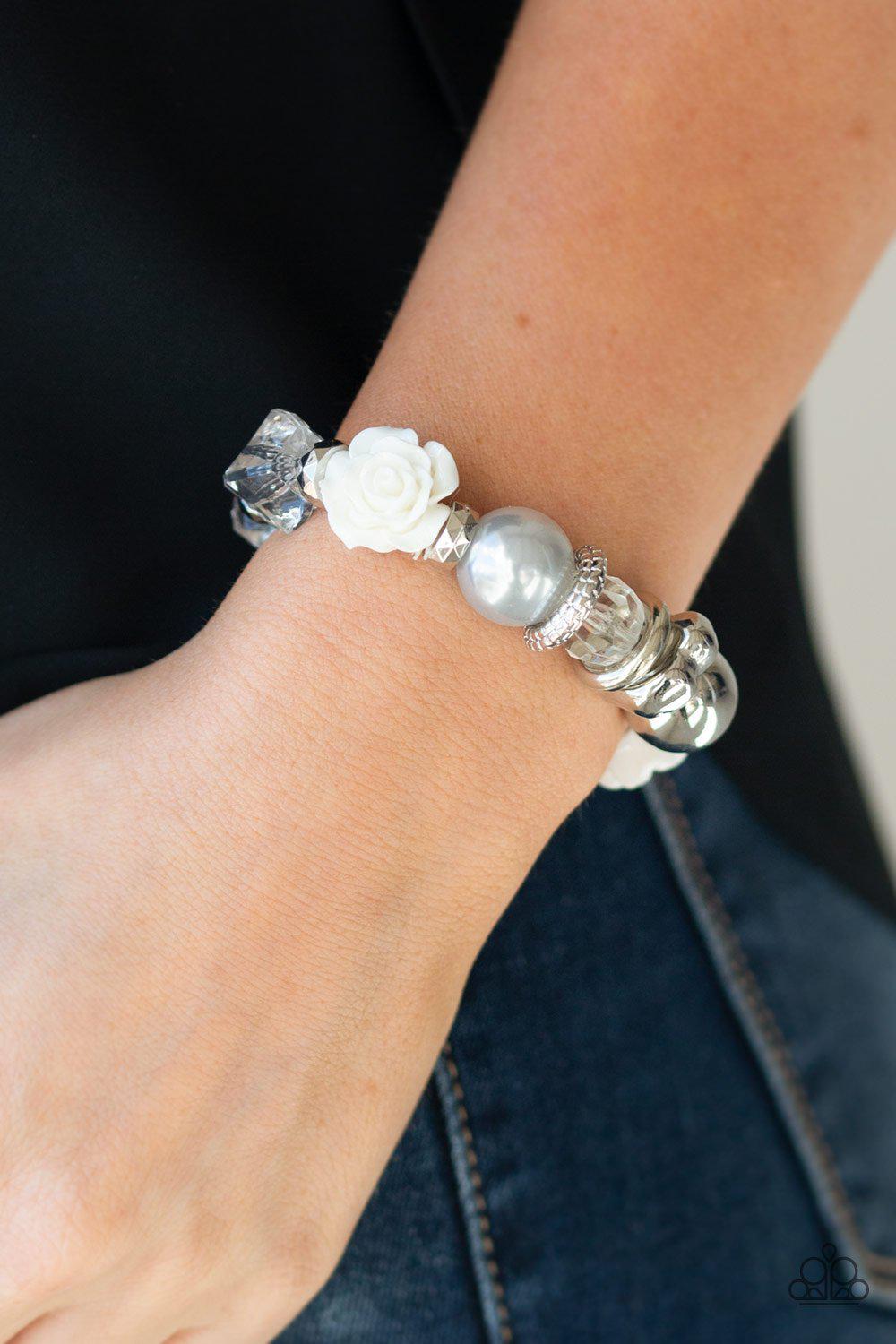 Here I Am Silver Pearl and White Rose Stretch Bracelet - Paparazzi Accessories- lightbox - CarasShop.com - Paparazzi Jewelry by Cara Jewels