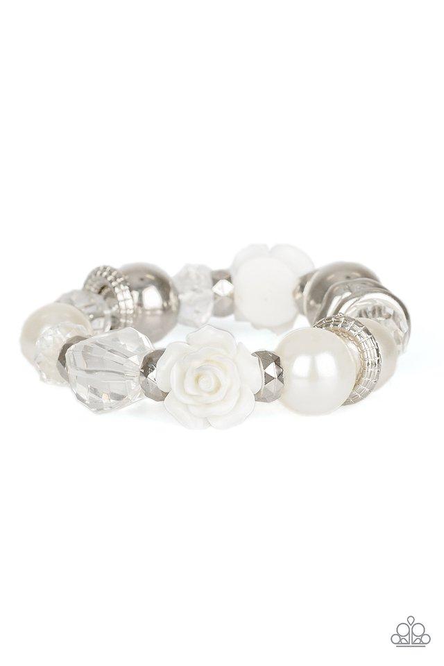 Here I Am Silver Pearl and White Rose Stretch Bracelet - Paparazzi Accessories- on model - CarasShop.com - Paparazzi Jewelry by Cara Jewels