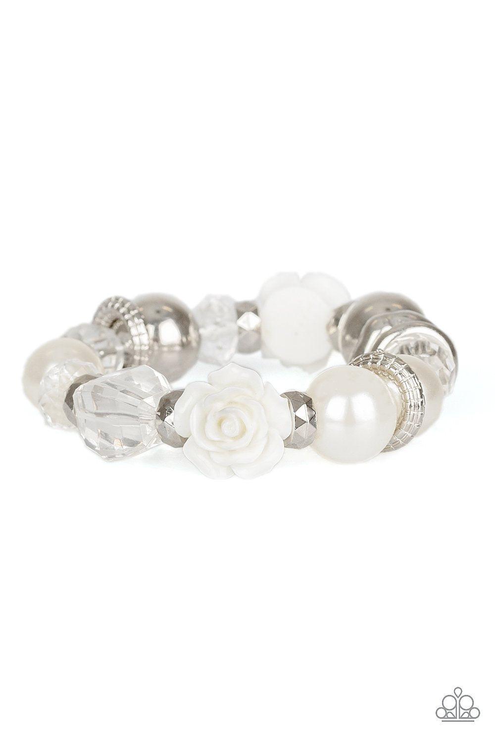 Here I Am White Flower Bracelet - Paparazzi Accessories- lightbox - CarasShop.com - Paparazzi Jewelry by Cara Jewels