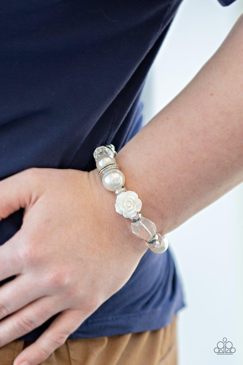 Here I Am White Flower Bracelet - Paparazzi Accessories- on model - CarasShop.com - Paparazzi Jewelry by Cara Jewels
