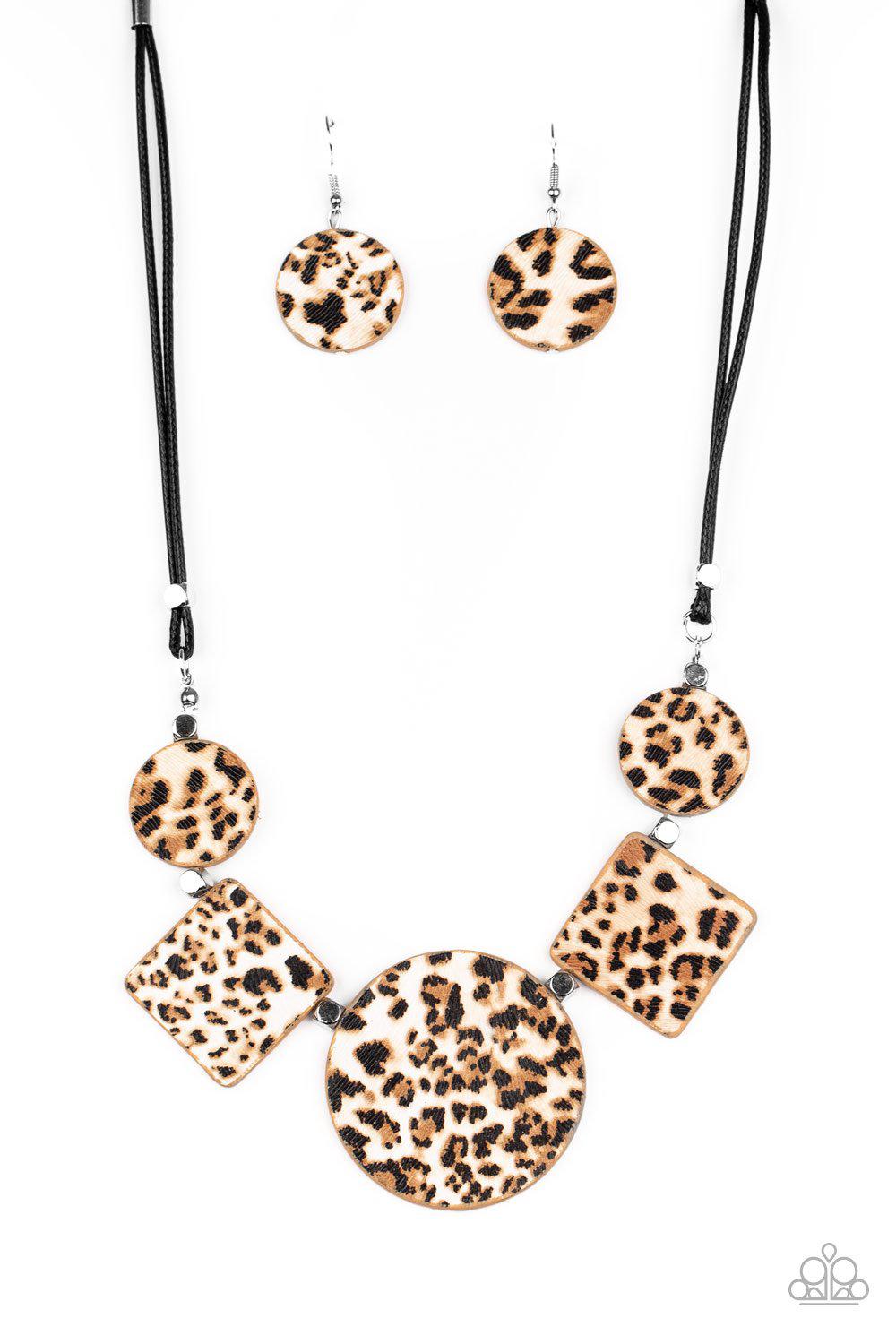 Here Kitty Kitty Brown Cheetah Print Leather Necklace - Paparazzi Accessories - free matching earrings -CarasShop.com - Paparazzi Jewelry by Cara Jewels
