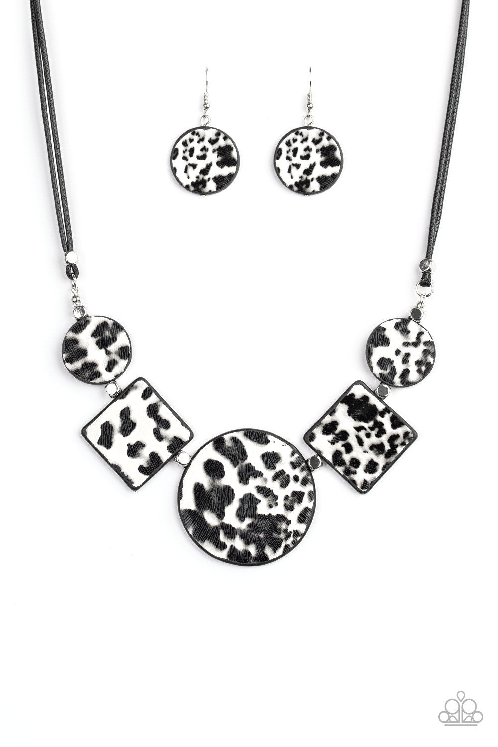Here Kitty Kitty White Cheetah Print Leather Necklace - Paparazzi Accessories - free matching earrings -CarasShop.com - Paparazzi Jewelry by Cara Jewels