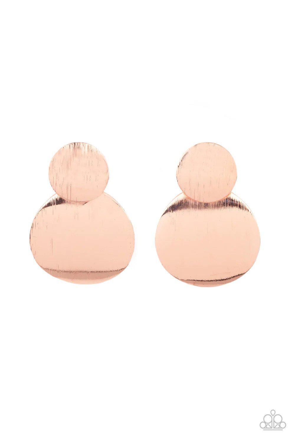 Here Today, GONG Tomorrow Copper Earrings - Paparazzi Accessories- lightbox - CarasShop.com - Paparazzi Jewelry by Cara Jewels