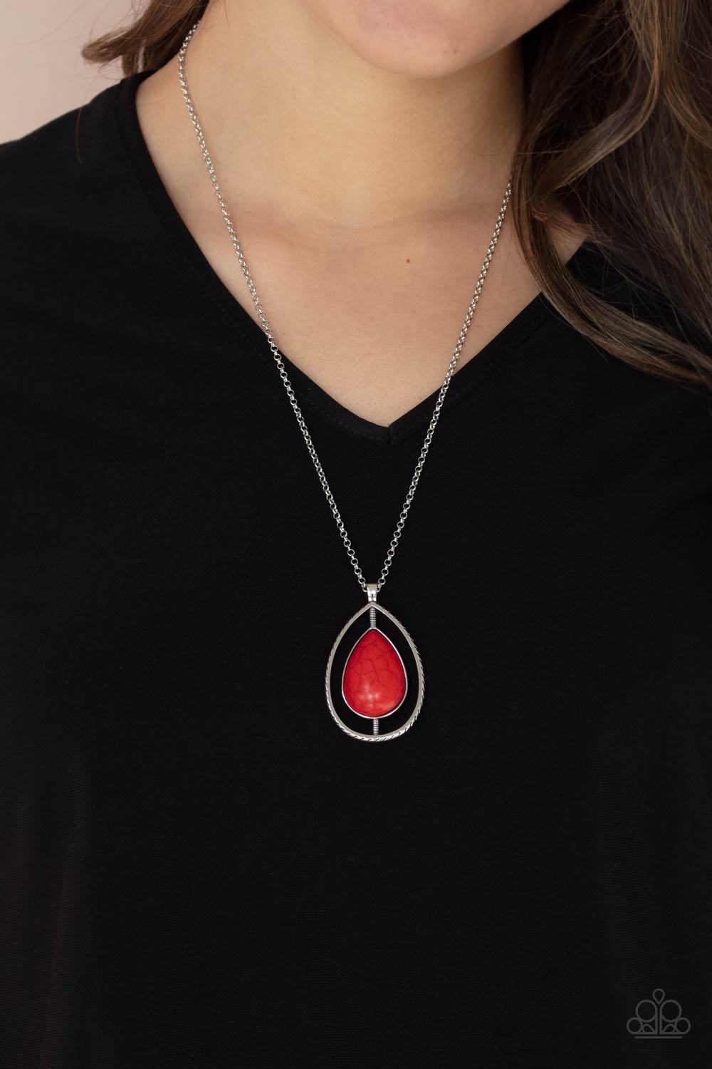 Here Today, PATAGONIA Tomorrow Red Stone Necklace - Paparazzi Accessories- on model - CarasShop.com - Paparazzi Jewelry by Cara Jewels