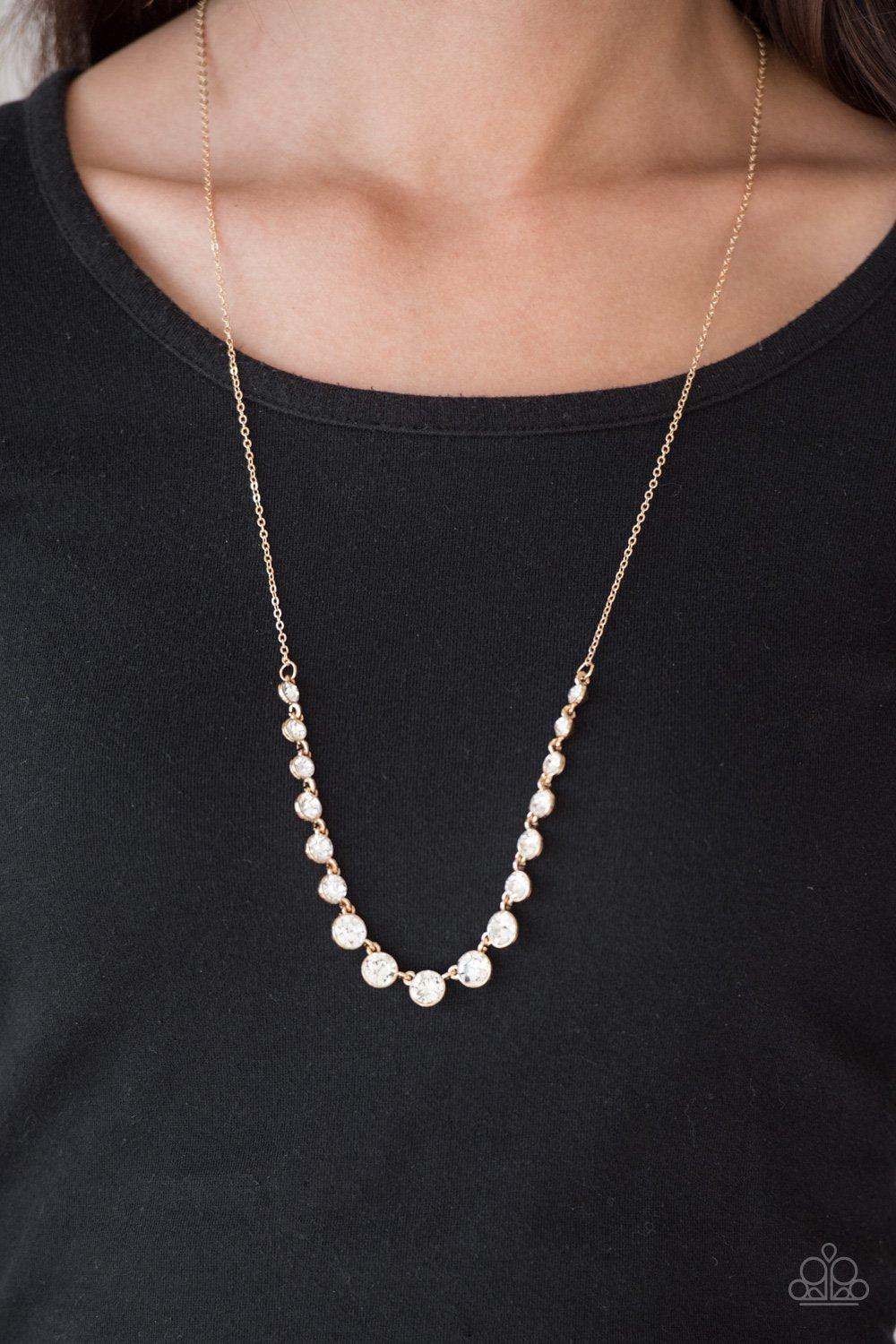 Here We Glow Gold and White Rhinestone Necklace - Paparazzi Accessories- lightbox - CarasShop.com - Paparazzi Jewelry by Cara Jewels