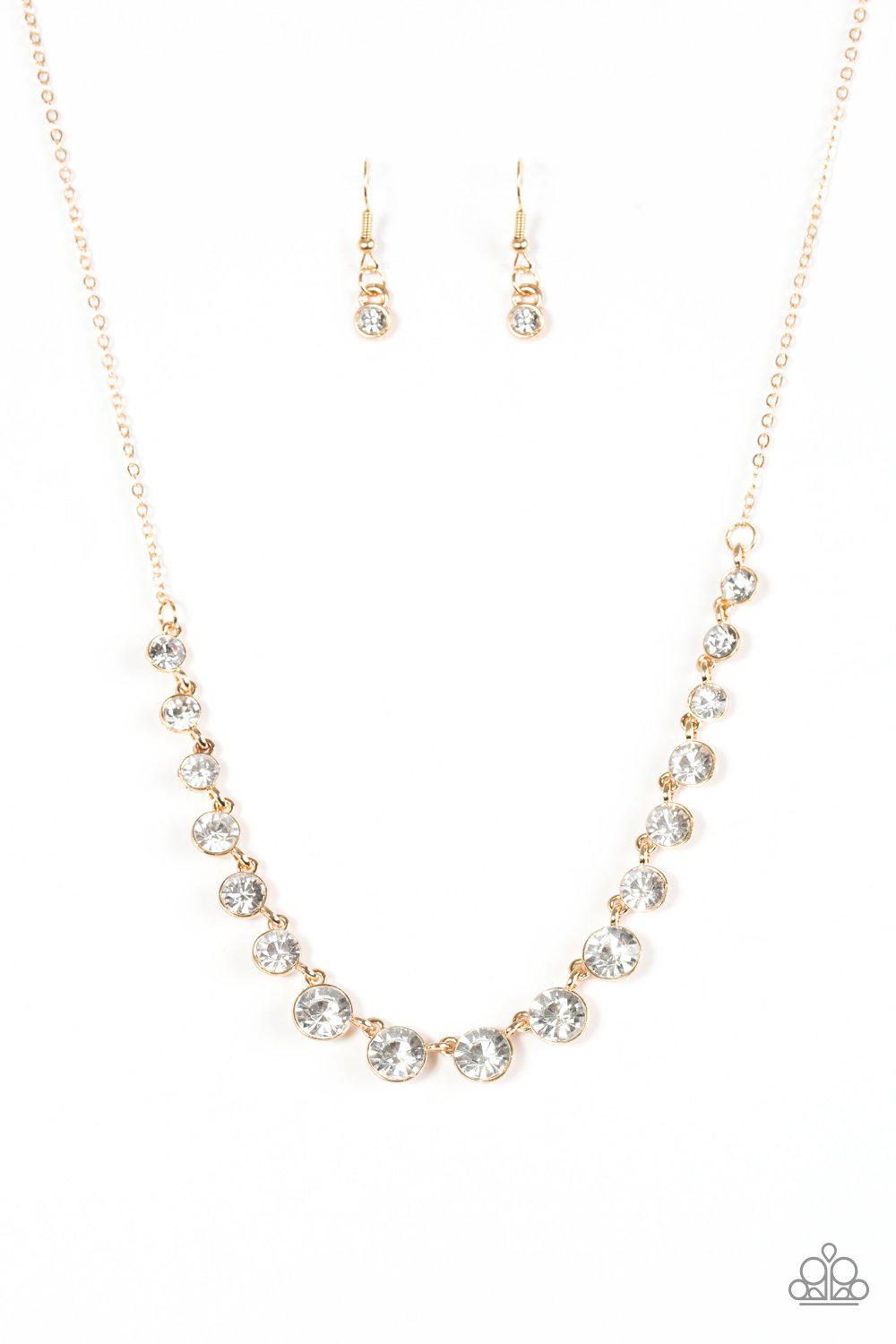 Here We Glow Gold and White Rhinestone Necklace - Paparazzi Accessories- on model - CarasShop.com - Paparazzi Jewelry by Cara Jewels