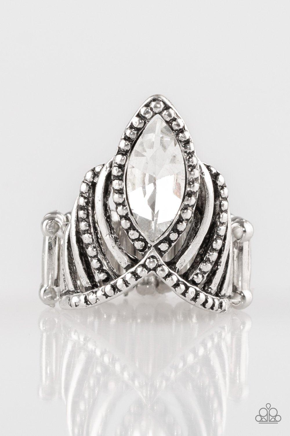 Here's Your Crown Silver and White Ring - Paparazzi Accessories- on model - CarasShop.com - Paparazzi Jewelry by Cara Jewels