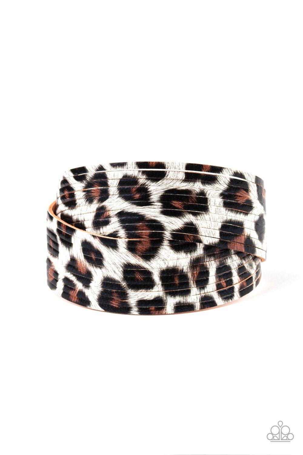 Hey GRRirl White Cheetah Print Wrap Snap Bracelet - Paparazzi Accessories- on model - CarasShop.com - Paparazzi Jewelry by Cara Jewels