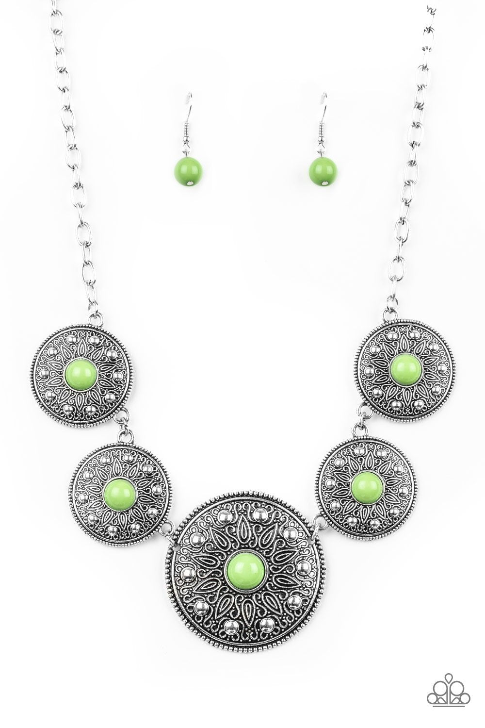 Hey, SOL Sister Green and Silver Medallion Necklace - Paparazzi Accessories- on model - CarasShop.com - Paparazzi Jewelry by Cara Jewels