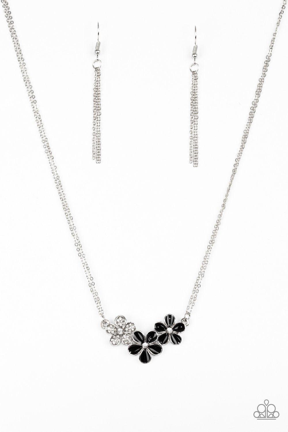 Hibiscus Haciendas Black Flower Necklace and matching Earrings - Paparazzi Accessories - free matching earrings -CarasShop.com - Paparazzi Jewelry by Cara Jewels