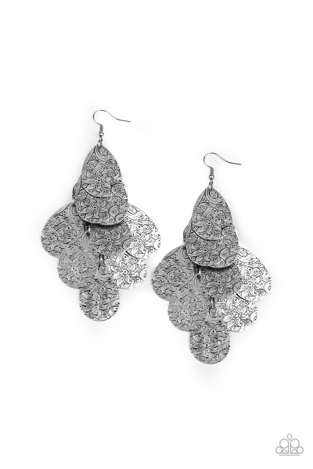 Hibiscus Harmony Silver Cascading Teardrop Earrings - Paparazzi Accessories- lightbox - CarasShop.com - Paparazzi Jewelry by Cara Jewels