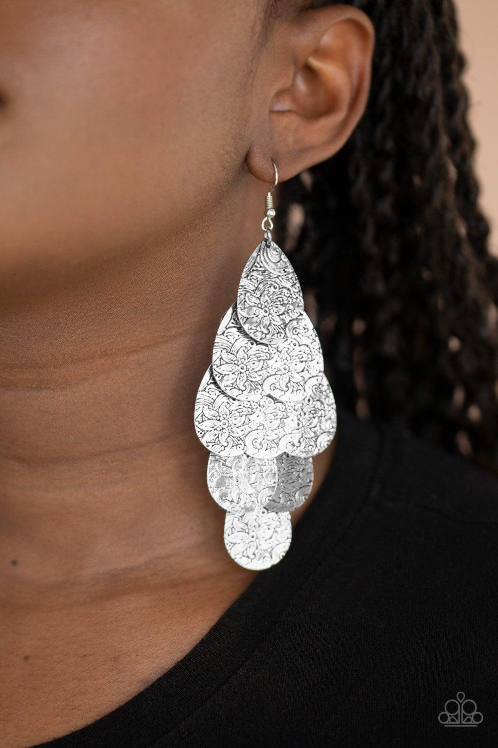 Hibiscus Harmony Silver Cascading Teardrop Earrings - Paparazzi Accessories- on model - CarasShop.com - Paparazzi Jewelry by Cara Jewels