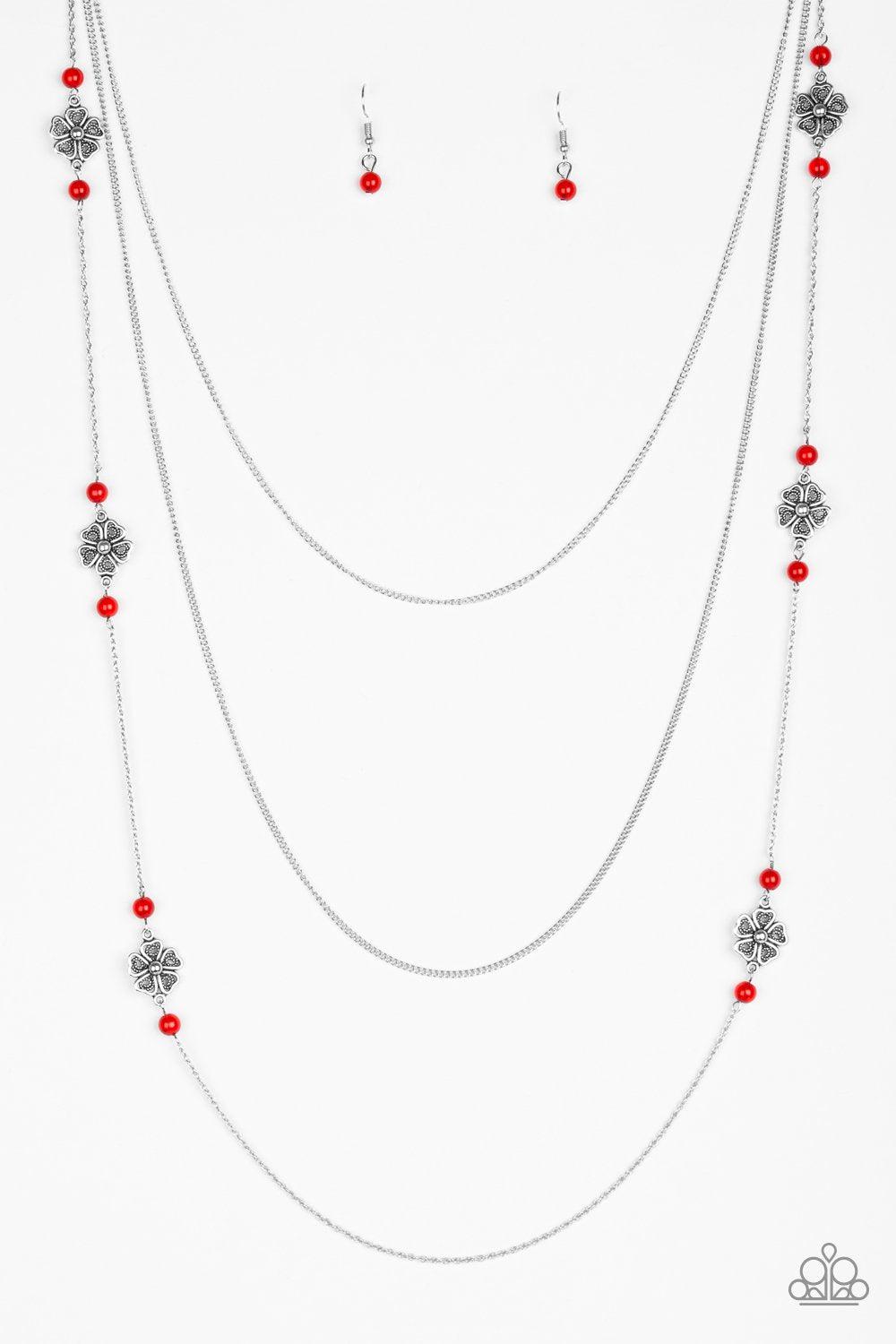 Hibiscus Hideaway Red and Silver Necklace - Paparazzi Accessories- lightbox - CarasShop.com - Paparazzi Jewelry by Cara Jewels