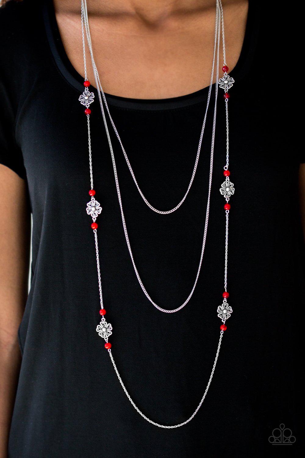 Hibiscus Hideaway Red and Silver Necklace - Paparazzi Accessories- on model - CarasShop.com - Paparazzi Jewelry by Cara Jewels