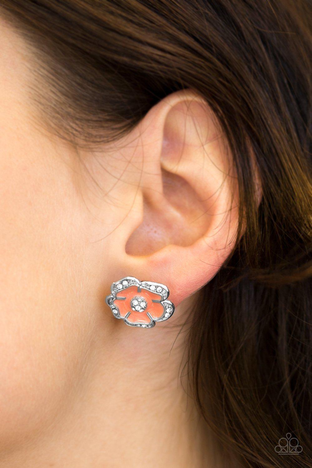Hibiscus Springs Orange Post Earrings - Paparazzi Accessories- lightbox - CarasShop.com - Paparazzi Jewelry by Cara Jewels
