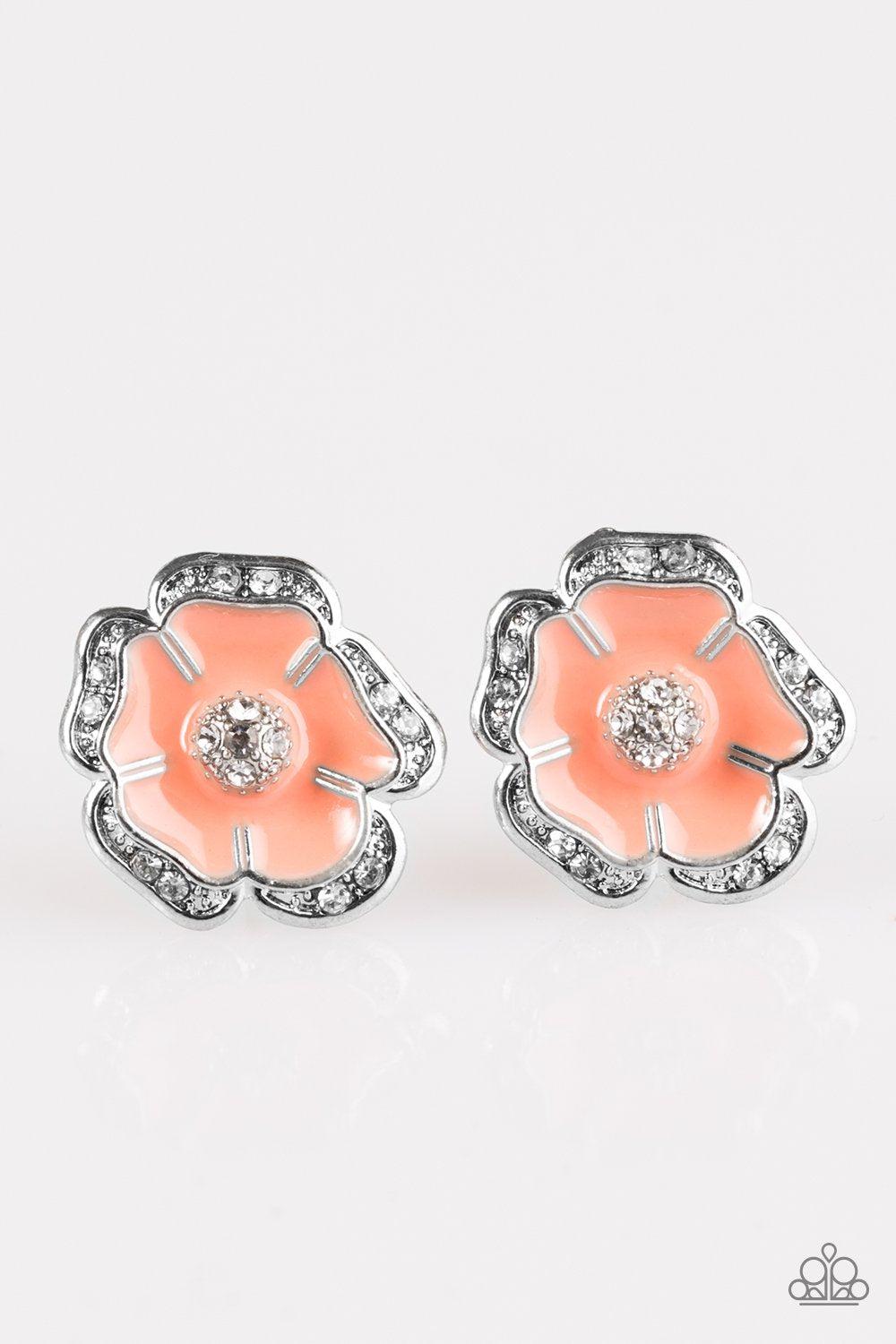 Hibiscus Springs Orange Post Earrings - Paparazzi Accessories- on model - CarasShop.com - Paparazzi Jewelry by Cara Jewels