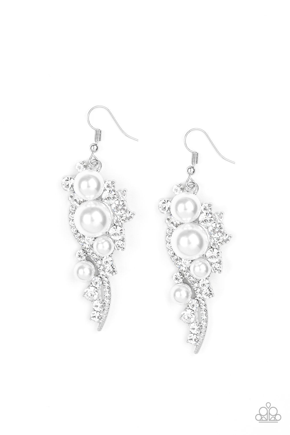 High-End Elegance White Pearl and Rhinestone Earrings EMP Exclusive - Paparazzi Accessories- lightbox - CarasShop.com - Paparazzi Jewelry by Cara Jewels