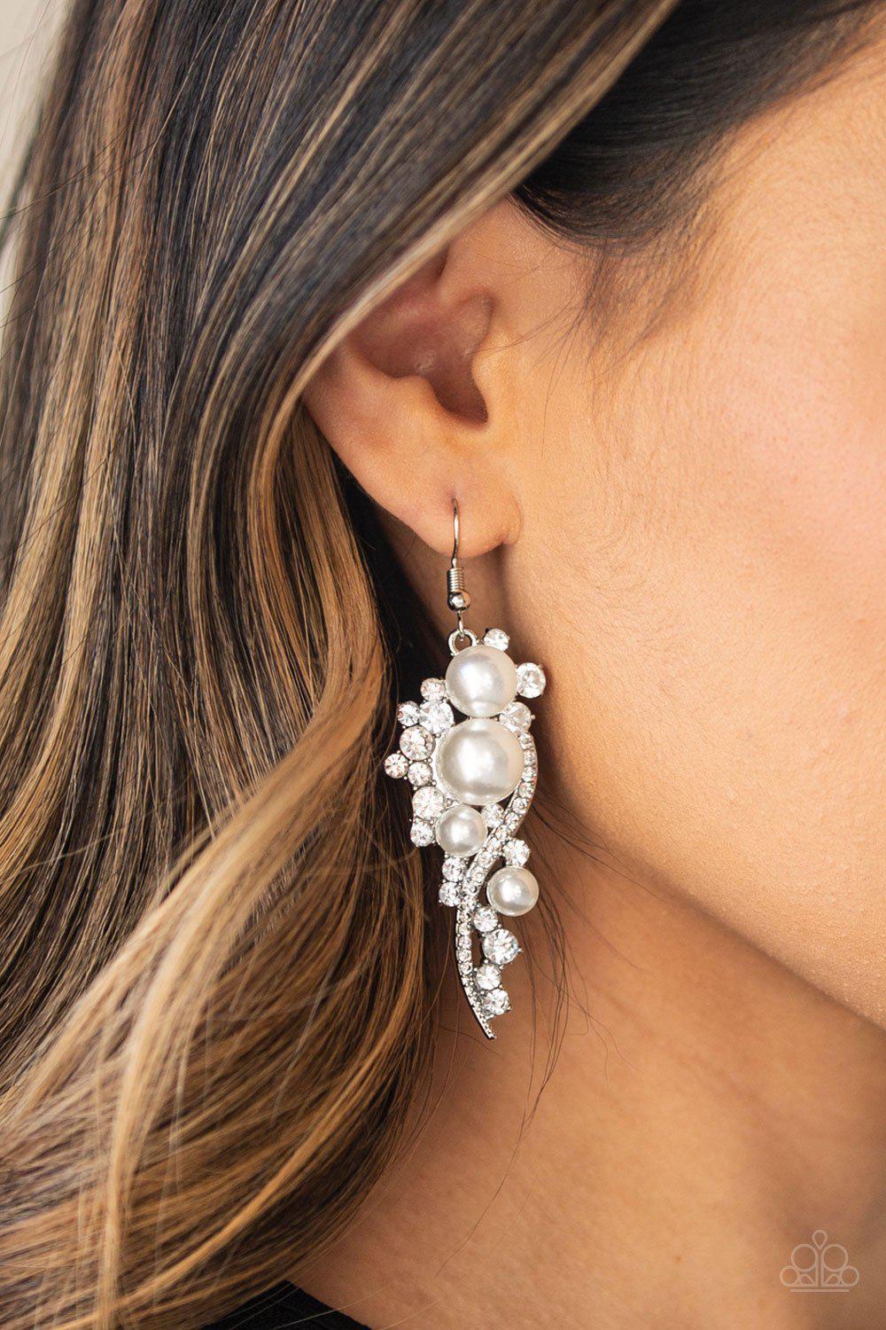 High-End Elegance White Pearl and Rhinestone Earrings EMP Exclusive - Paparazzi Accessories- on model - CarasShop.com - Paparazzi Jewelry by Cara Jewels