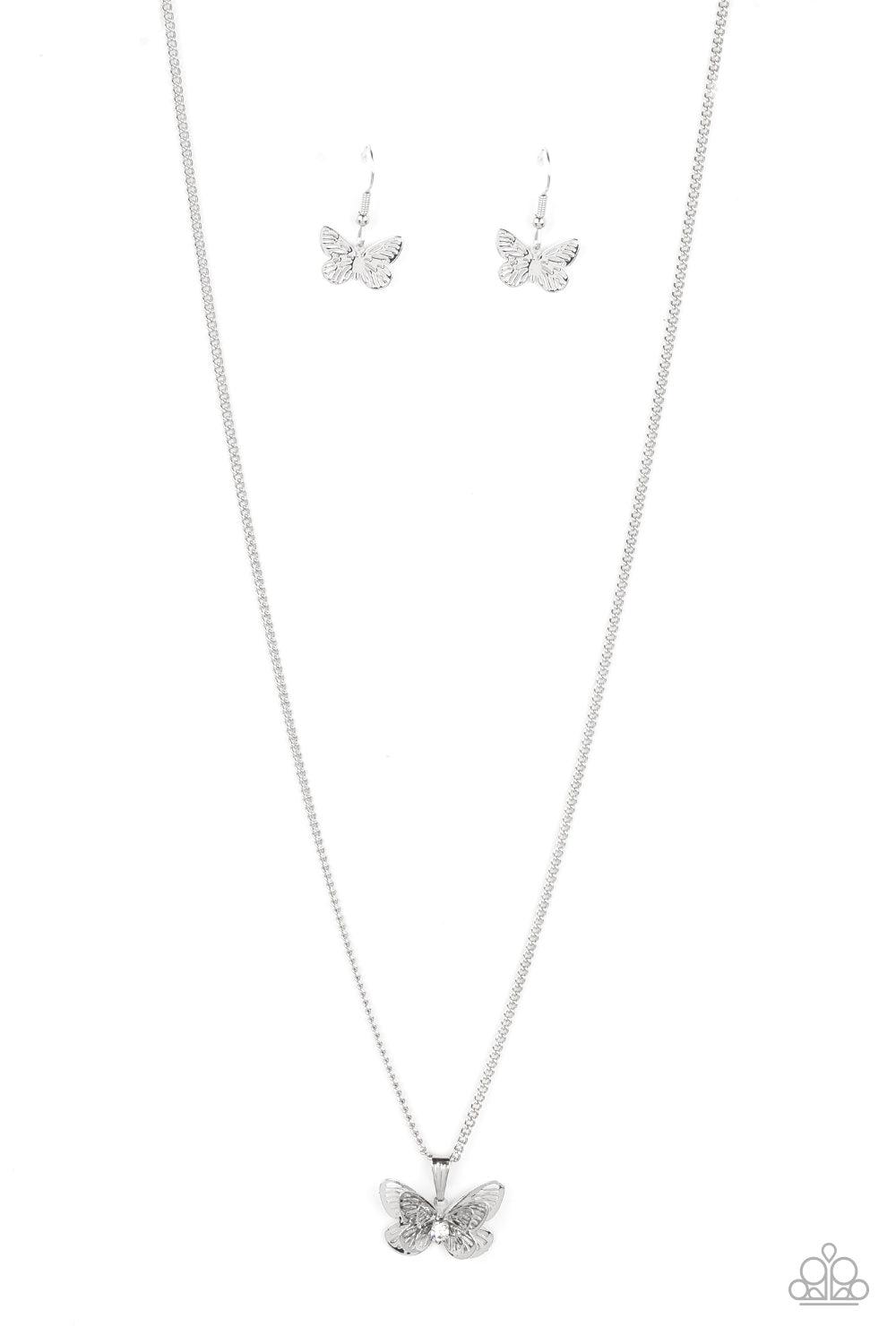 High-Flying Fashion White Butterfly Necklace - Paparazzi Accessories- lightbox - CarasShop.com - Paparazzi Jewelry by Cara Jewels