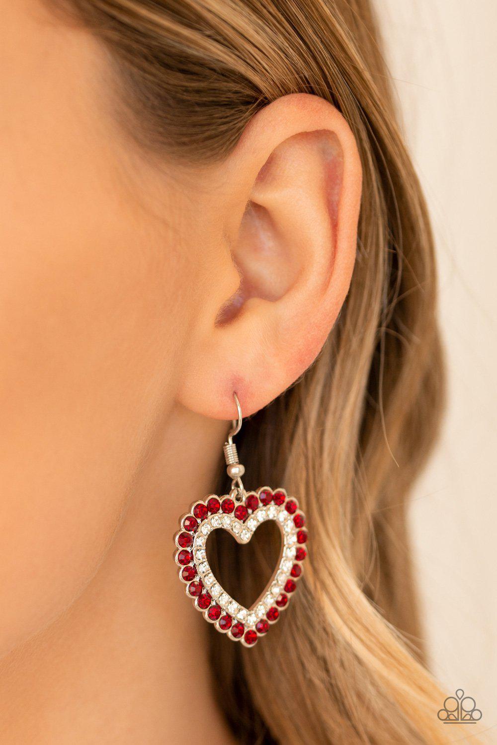 High School Sweethearts Red Rhinestone Heart Earrings - Paparazzi Accessories- lightbox - CarasShop.com - Paparazzi Jewelry by Cara Jewels