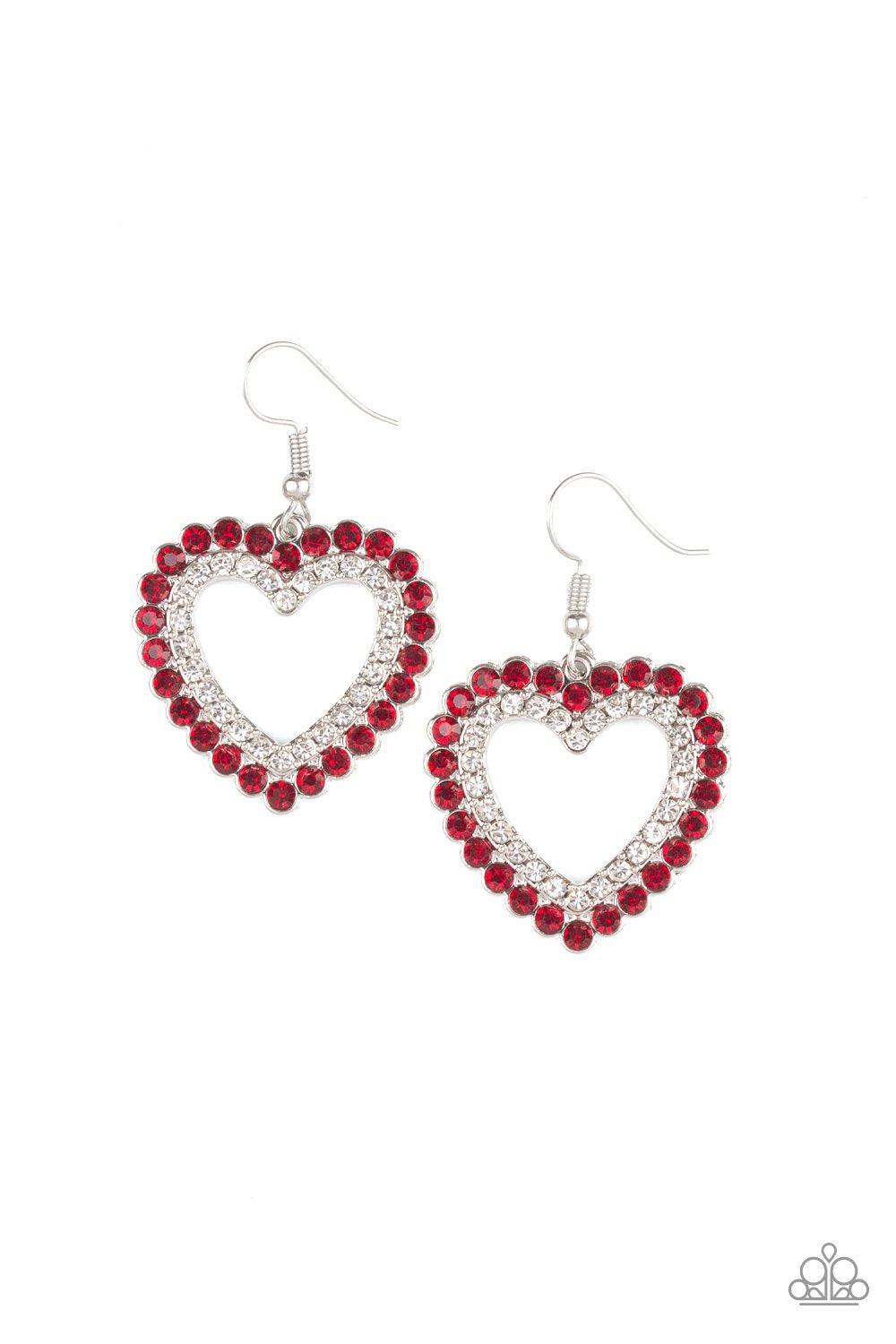 High School Sweethearts Red Rhinestone Heart Earrings - Paparazzi Accessories- on model - CarasShop.com - Paparazzi Jewelry by Cara Jewels