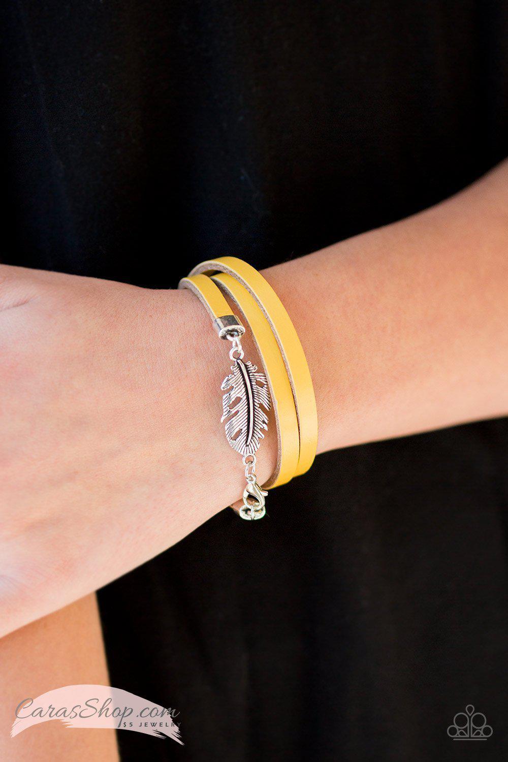High Spirits Yellow Leather Wrap Bracelet - Paparazzi Accessories- on model - CarasShop.com - Paparazzi Jewelry by Cara Jewels