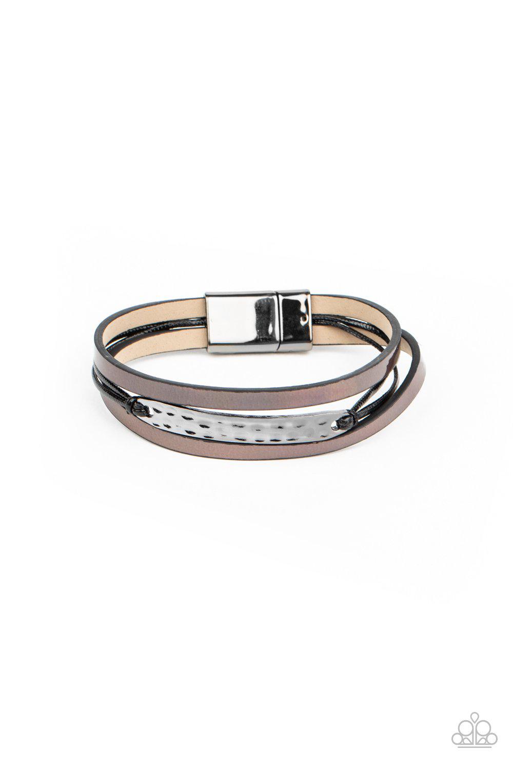 High-Strung Style Black and "Oil Spill" Leather Magnetic Bracelet - Paparazzi Accessories- on model - CarasShop.com - Paparazzi Jewelry by Cara Jewels