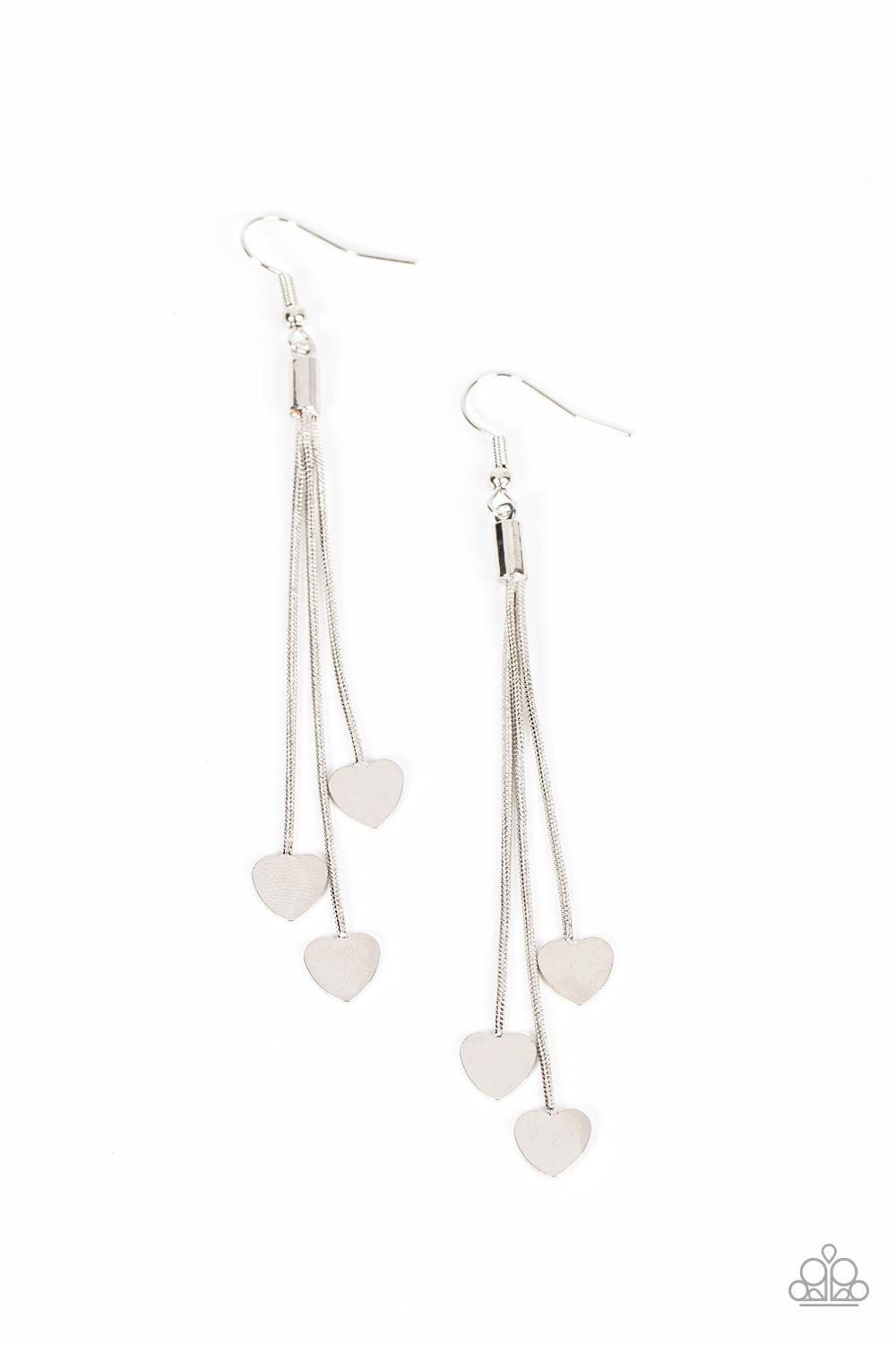 Higher Love Silver Heart Charm Earrings - Paparazzi Accessories- lightbox - CarasShop.com - Paparazzi Jewelry by Cara Jewels