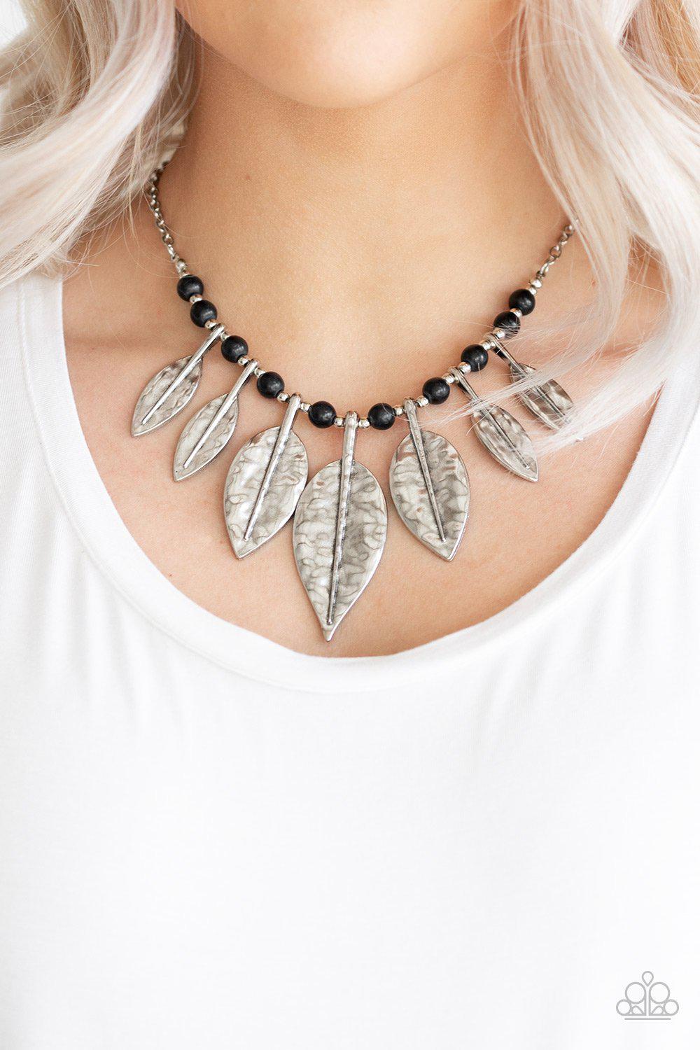 Highland Harvester Black and Silver Feather Necklace - Paparazzi Accessories- lightbox - CarasShop.com - Paparazzi Jewelry by Cara Jewels
