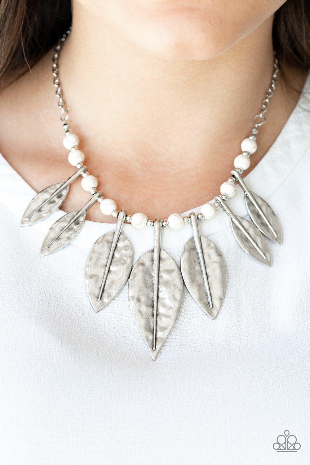 Highland Harvester White Stone and Silver Feather Necklace - Paparazzi Accessories- lightbox - CarasShop.com - Paparazzi Jewelry by Cara Jewels