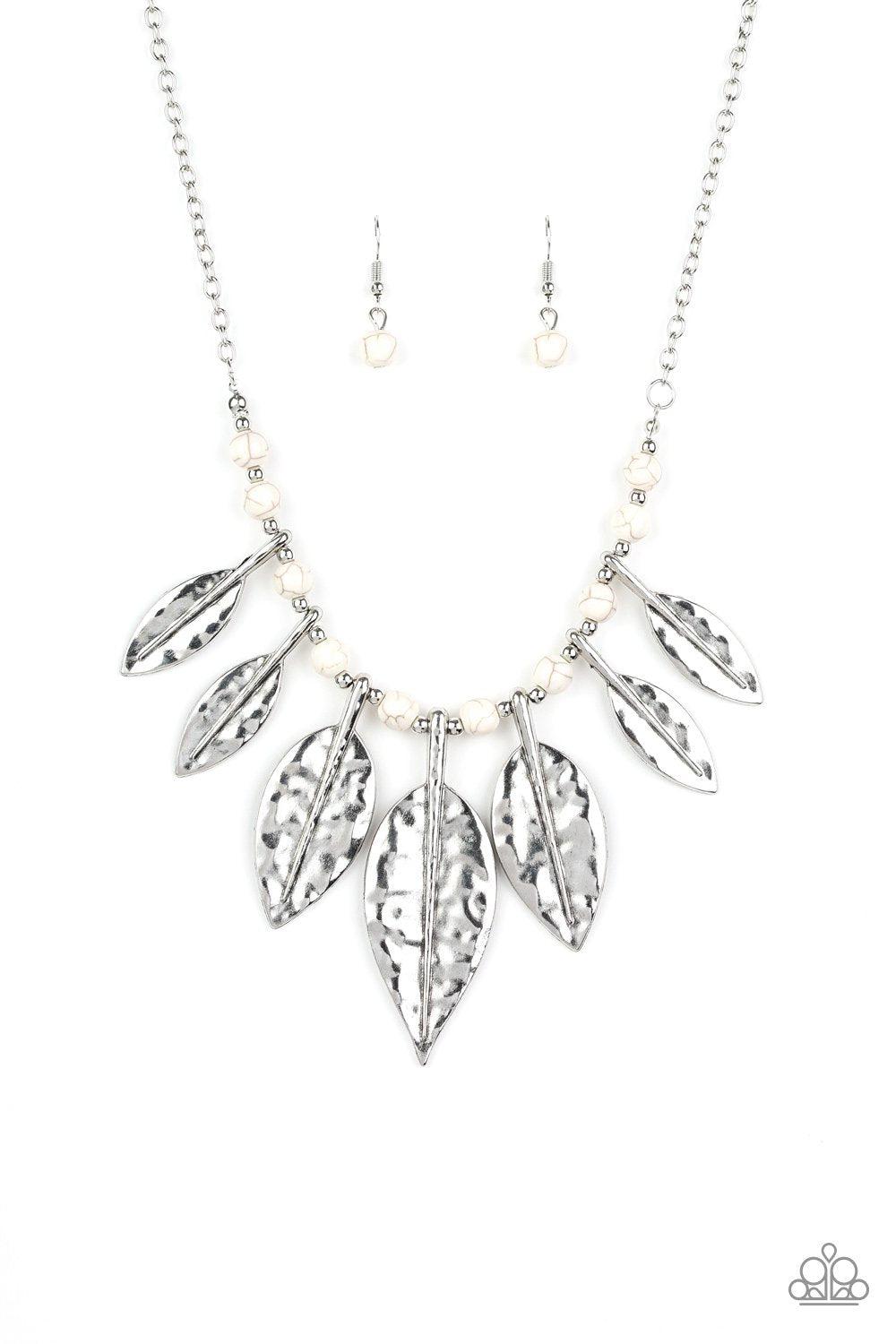 Highland Harvester White Stone and Silver Feather Necklace - Paparazzi Accessories- on model - CarasShop.com - Paparazzi Jewelry by Cara Jewels
