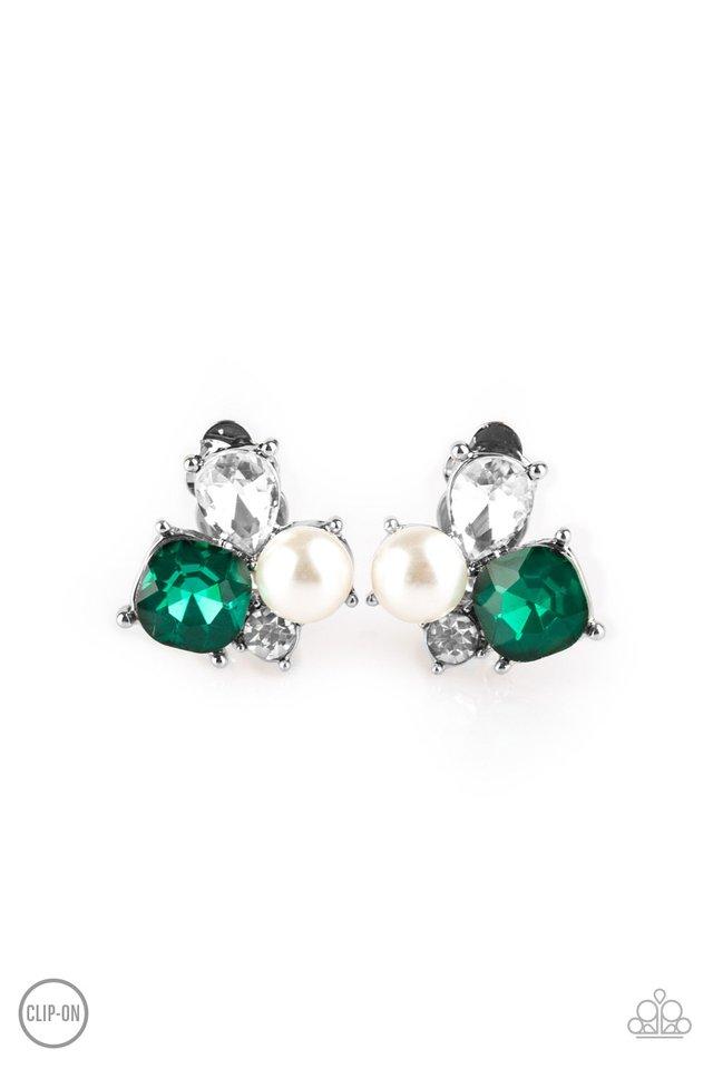 Highly High-Class Green and White Rhinestone Clip-On Earrings - Paparazzi Accessories- lightbox - CarasShop.com - Paparazzi Jewelry by Cara Jewels