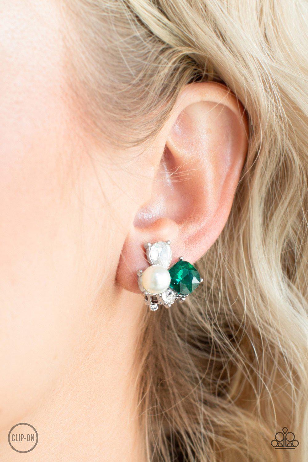 Highly High-Class Green and White Rhinestone Clip-On Earrings - Paparazzi Accessories- lightbox - CarasShop.com - Paparazzi Jewelry by Cara Jewels