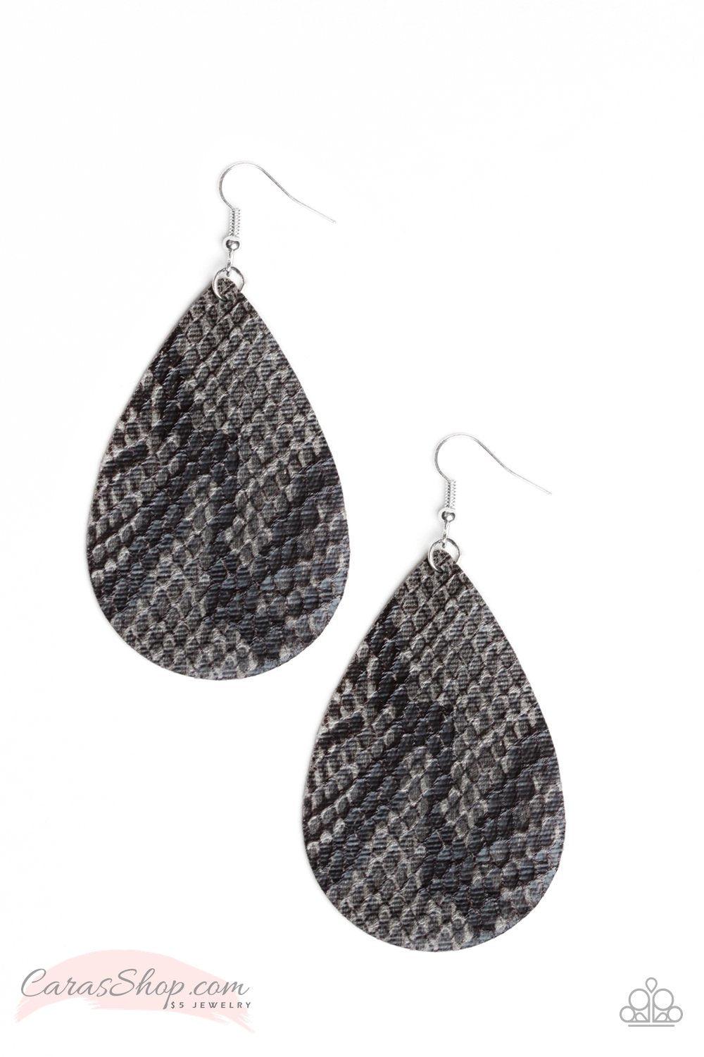 Hiss, Hiss Silver Leather Animal Print Earrings - Paparazzi Accessories- on model - CarasShop.com - Paparazzi Jewelry by Cara Jewels